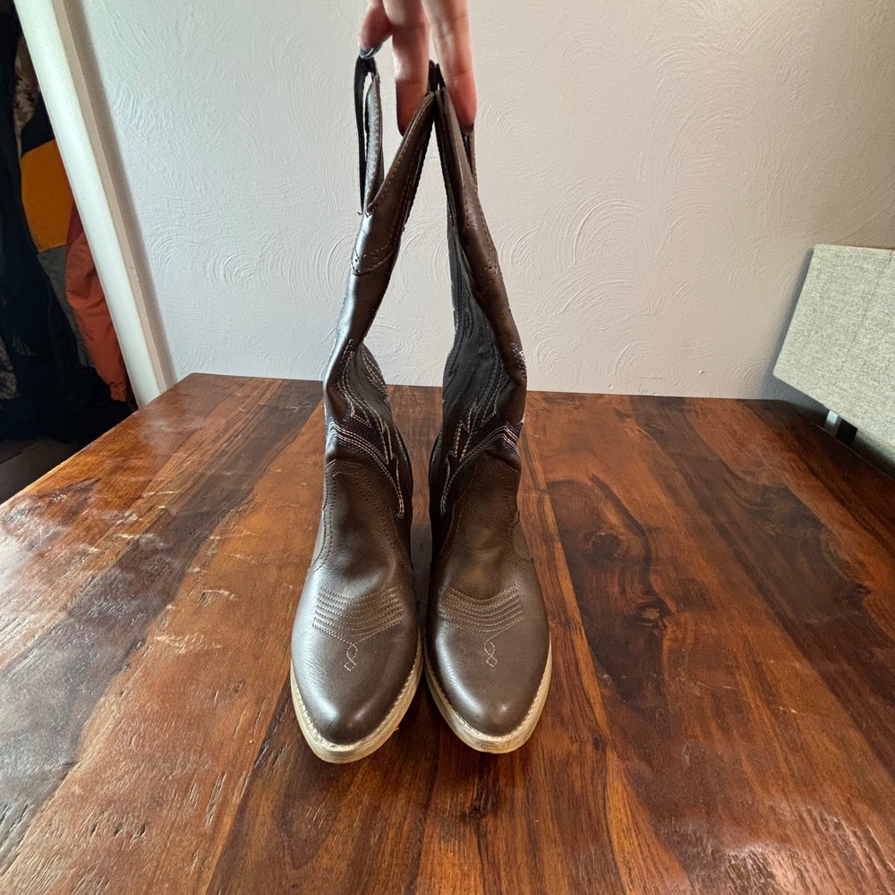 Rollda NZX01 Womens Brown Western Cowboy Boots Blue Embroidery Size 9